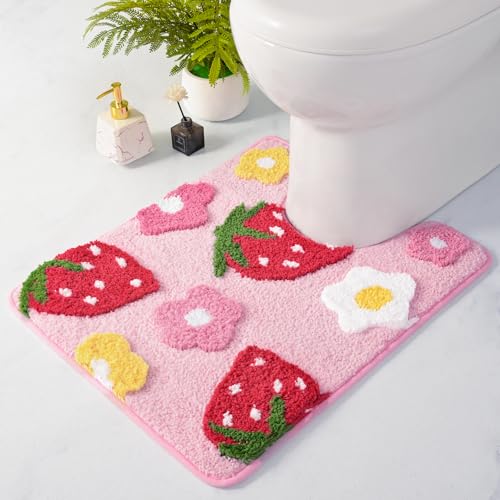 Anybar UShaped Toilet Rug 20x20 Super Soft Absorbent Bathroom Mat with Cute Strawberry Flower Design NonSlip QuickDry Washable Contour Rug for Toilet Bath Mats for Bathroom DecorPink - Image 1