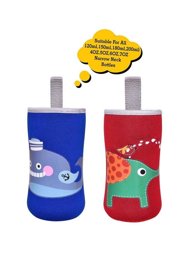 ? Cute Animated Patterned Soft Stretchable Baby Feeding Bottle Cover With Easy To Hold Strap For 120Ml 150Ml 240Ml (Fish & Elephant Pack Of 2)