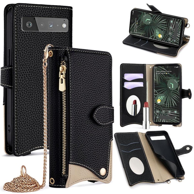 HuHa Protective Cover For Google Pixel 6 Pro Crossbody Chain Fishtail Litchi Leather Phone Case(Black) - Image 1