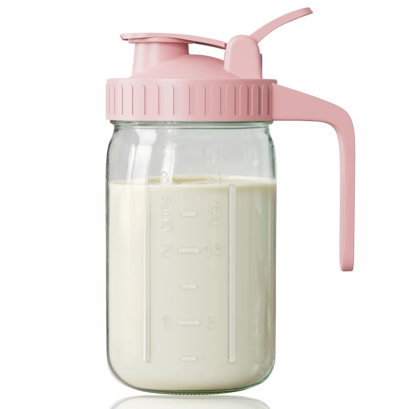 Breast Milk Pitcher Mason Jar 32 oz Heavy Duty Wide Mouth Jar with Pink Flip Cap Lid and Pour Spout Airtight Seal for Freshness and Convenience Great for Cold Beverages and Home Entertaining