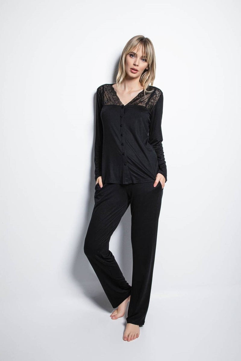 Monamise 18426 Long Sleeve Pajama Set - Black 
