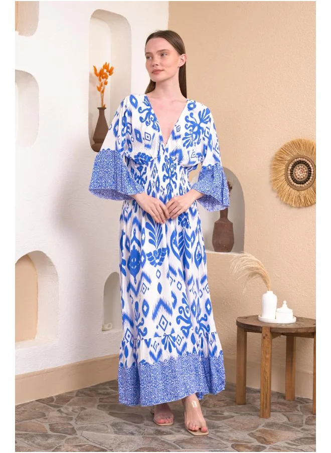 Hoxton Gal Geometric Print V-Neck Maxi Dress with Flutter Sleeves and Shirred Waist in Blue and White
