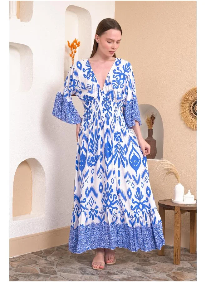 Hoxton Gal Geometric Print V-Neck Maxi Dress with Flutter Sleeves and Shirred Waist in Blue and White