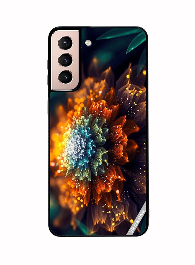 VR CREATIVE غطاء واقي لهاتف سامسونج جالاكسي S21 5G بتصميم زهرة فركتال متوهجة باللونين البرتقالي والأزرق متعدد الألوان - Image 1