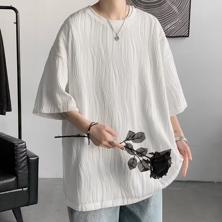 Ins Trendy Brand High Street Draped Crewneck Base Shirt Men'S Summer Thin Water Ripple Top Loose Yuppie Handsome Short-Sleeved T-Shirt - Image 2
