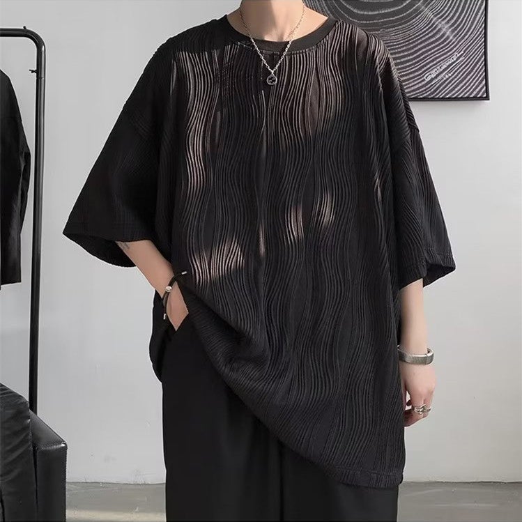 Ins Trendy Brand High Street Draped Crewneck Base Shirt Men'S Summer Thin Water Ripple Top Loose Yuppie Handsome Short-Sleeved T-Shirt - Image 5