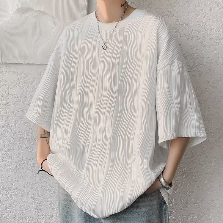 Ins Trendy Brand High Street Draped Crewneck Base Shirt Men'S Summer Thin Water Ripple Top Loose Yuppie Handsome Short-Sleeved T-Shirt - Image 4