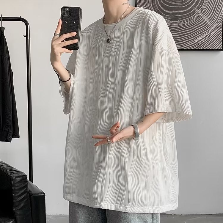 Ins Trendy Brand High Street Draped Crewneck Base Shirt Men'S Summer Thin Water Ripple Top Loose Yuppie Handsome Short-Sleeved T-Shirt - Image 3