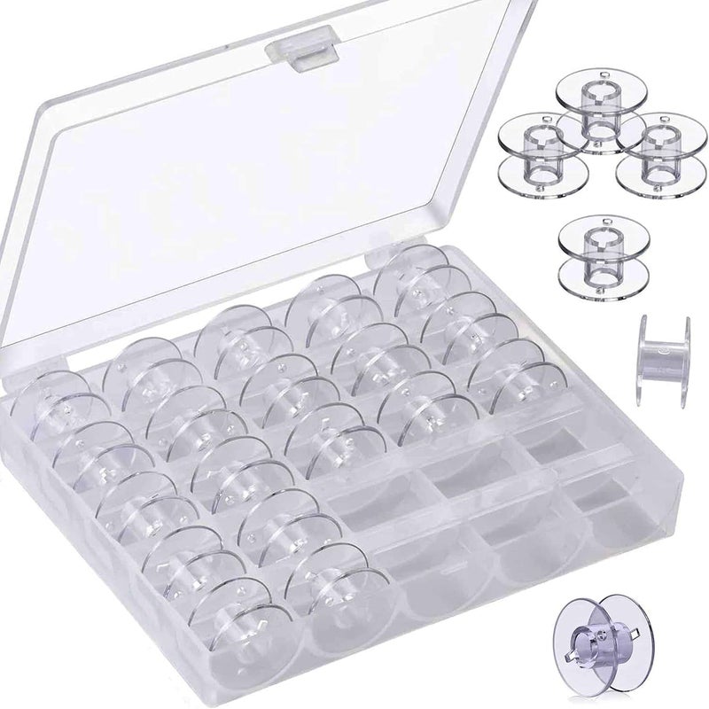 Redvant 25pcs Transparent Bobbins with Storage Box – Compatible with Usha, Brother, Singer, Janome | Plastic Sewing Machine Bobbins for Tailoring & DIY Craft | Clear Bobbin Set - Image 1