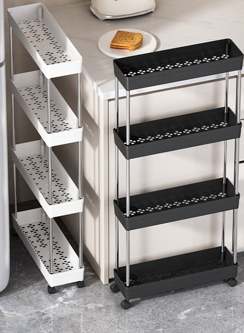 رف تخزين متعدد الأغراض أربع طبقات ، رف تخزين 4 طبقات مع أربع عجلات ، أسود