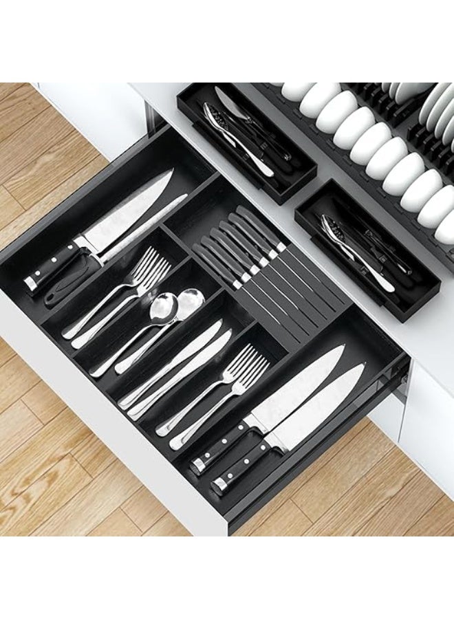 إيباسكت منظم ادراج المطبخ والبوفيه قابل للتمدد من الخيزران حامل  لأدوات المائدة قابل للتعديل منظم فواصل أدراج خشبية لأدوات المائدة الفضية أدوات المائدة السكاكين في المطبخ وغرفة المعيشة والسفرة(لون اسود) - Image 2