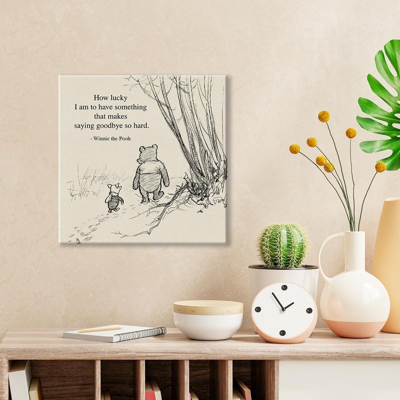 Dolimifa Classic Winnie the Pooh Wall Art Decor Retro How Lucky Am I Quotes Sayings Canvas Painting Pictures Framed Print Sign Artwork Ready to Hang (8x8 Inches) - Image 3