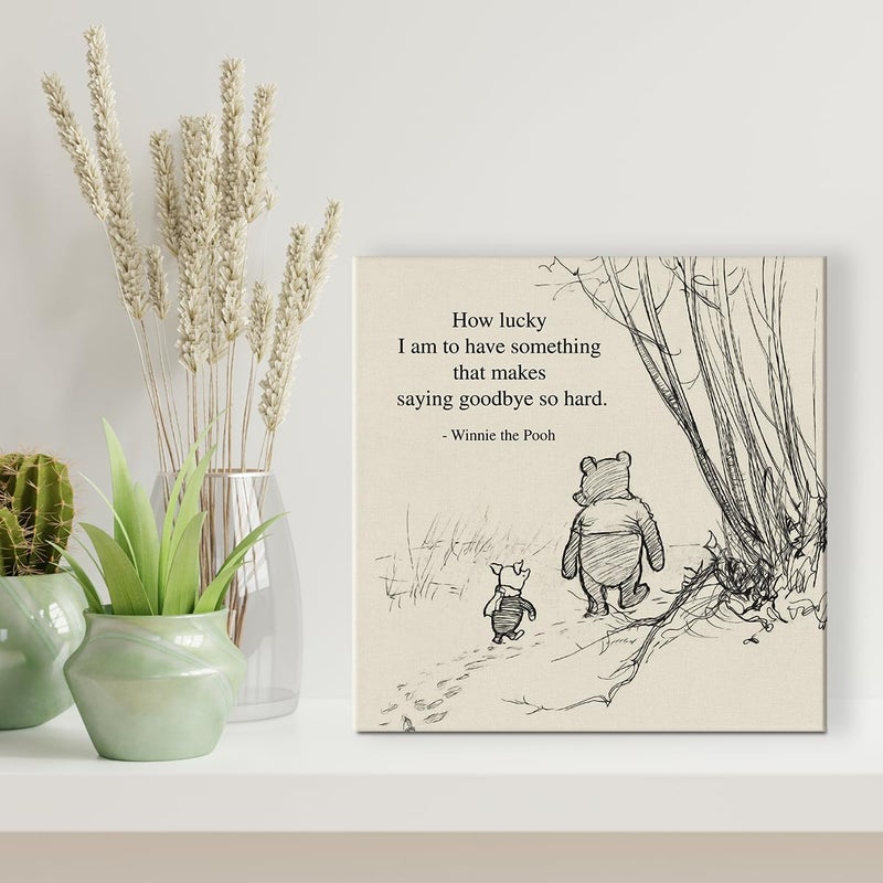 Dolimifa Classic Winnie the Pooh Wall Art Decor Retro How Lucky Am I Quotes Sayings Canvas Painting Pictures Framed Print Sign Artwork Ready to Hang (8x8 Inches) - Image 4