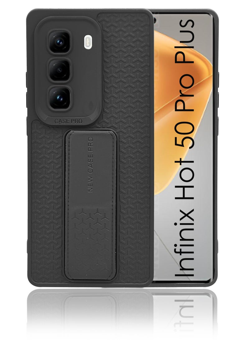 For Infinix Hot 50 Pro Plus 4G Flexible Silicone Case With Magnetic Hand Grip Holder & Kickstand - Strong Grip for Magnetic Car Holder, Stylish & Functional, Ultimate Convenience & Hands-Free Viewing - Black  - Image 1