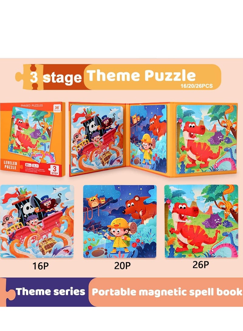 SYOSI Magnetic Puzzles for Kids Ages 4 5 6 7 8 Three Wooden Jigsaw 61 Piece Dinosaur Book Party Favors Girls and Boys - Image 2