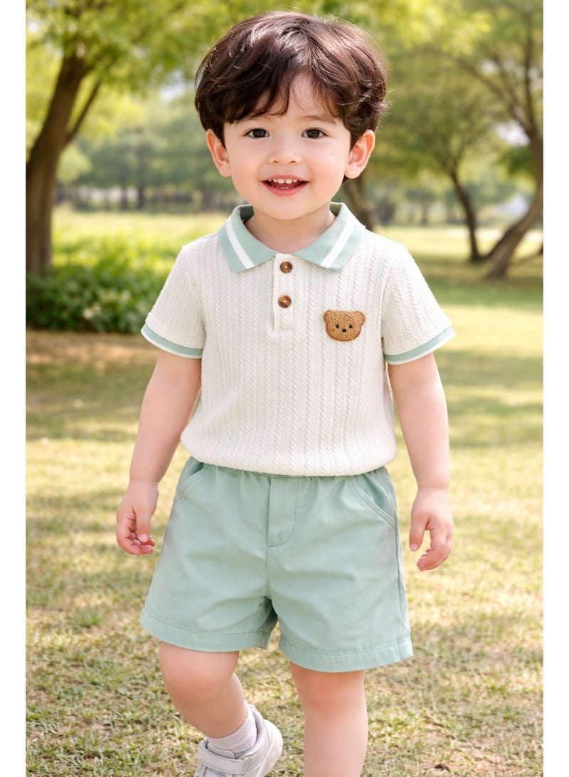 Smarties AE Toddler Boys 2-Piece Outfit Set (18–24 Months) – Cable Knit Polo Shirt with Teddy Patch & Elastic Waist Shorts – Soft Summer Clothing Set for Baby Boys - Image 1