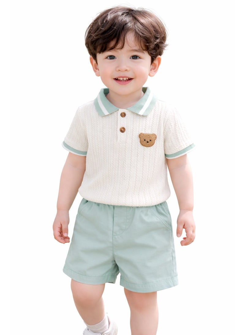 Smarties AE Toddler Boys 2-Piece Outfit Set (18–24 Months) – Cable Knit Polo Shirt with Teddy Patch & Elastic Waist Shorts – Soft Summer Clothing Set for Baby Boys - Image 2