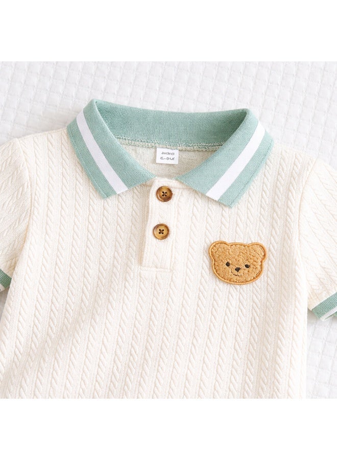 Smarties AE Toddler Boys 2-Piece Outfit Set (18–24 Months) – Cable Knit Polo Shirt with Teddy Patch & Elastic Waist Shorts – Soft Summer Clothing Set for Baby Boys - Image 4