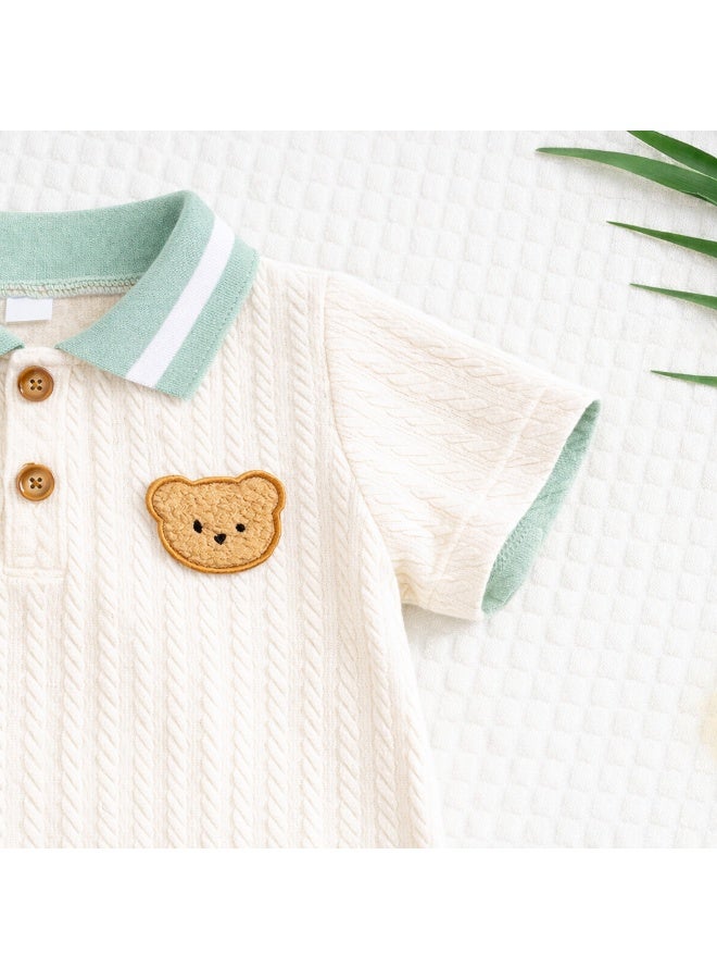 Smarties AE Toddler Boys 2-Piece Outfit Set (18–24 Months) – Cable Knit Polo Shirt with Teddy Patch & Elastic Waist Shorts – Soft Summer Clothing Set for Baby Boys - Image 5