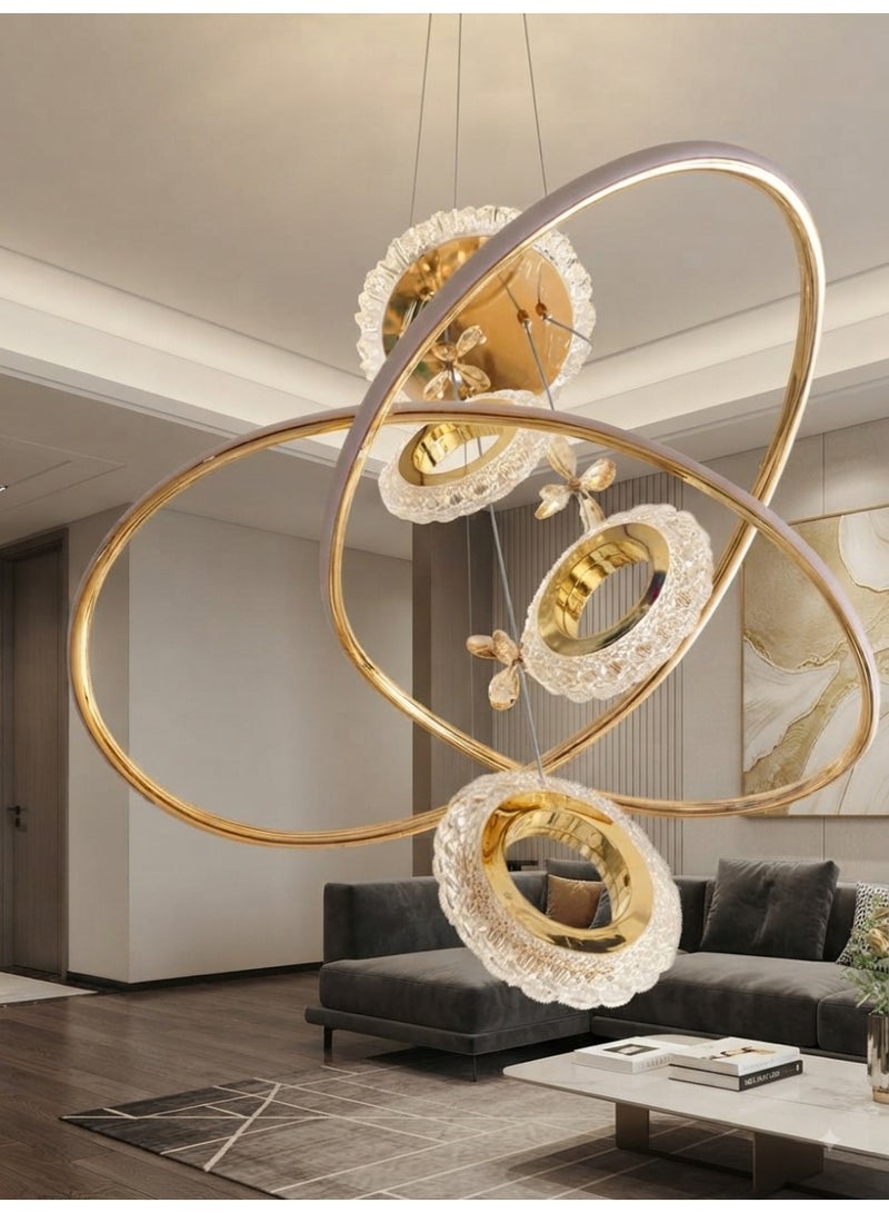 Modern Ceiling Chandelier with Double Golden Ring Design, LED Lighting & Luxurious Crystal