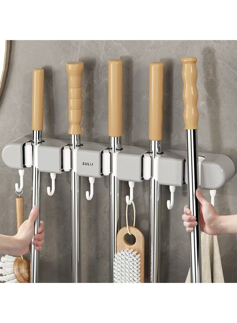 1PCS 5 راك و 6 مكنسة مكنسة حامل مع هوك مثبت على الحائط مكنسة تخزين رافعة لا حفر ذاتي اللصاق مكنسة منظم ممسحة حامل ممسحة للحمام مكتب المطبخ خزانة المرآب، رمادي - Image 1