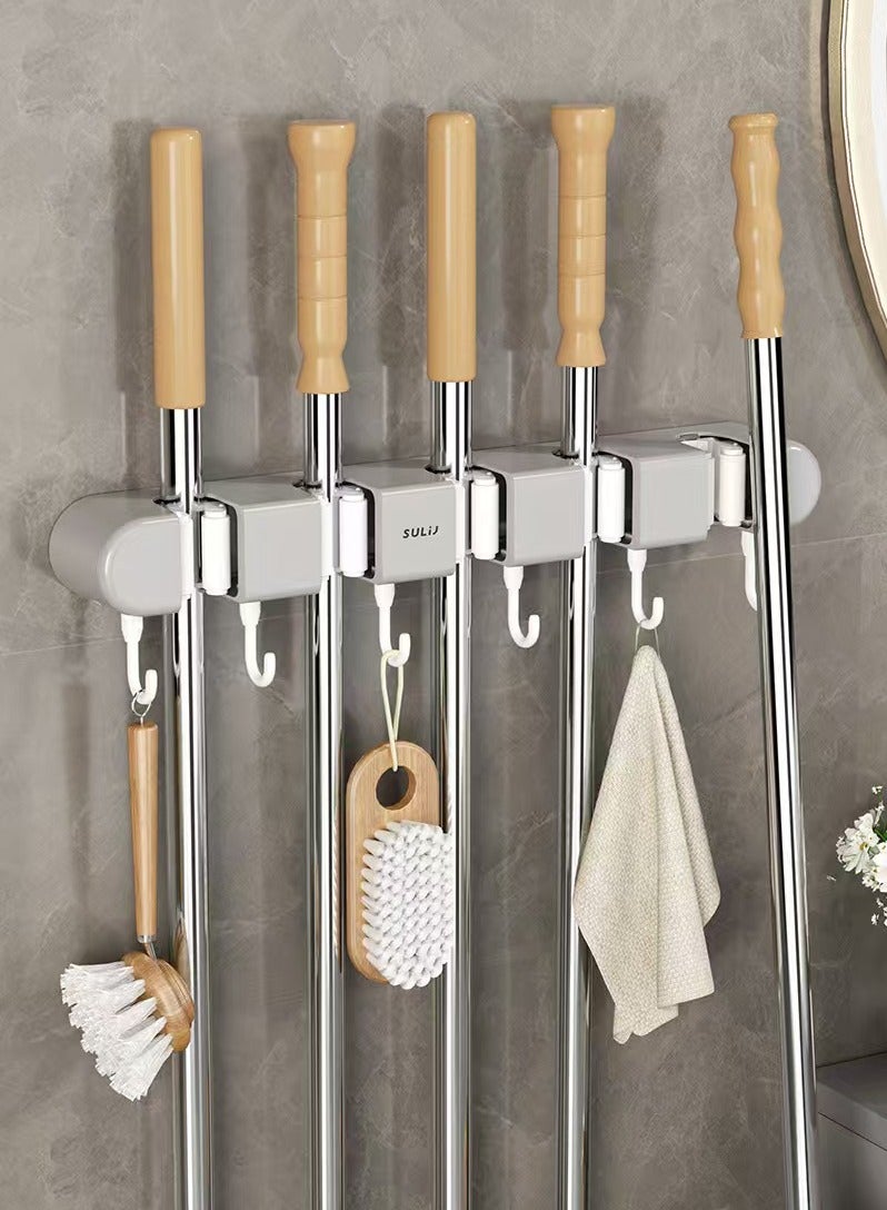 1PCS 5 راك و 6 مكنسة مكنسة حامل مع هوك مثبت على الحائط مكنسة تخزين رافعة لا حفر ذاتي اللصاق مكنسة منظم ممسحة حامل ممسحة للحمام مكتب المطبخ خزانة المرآب، رمادي - Image 3