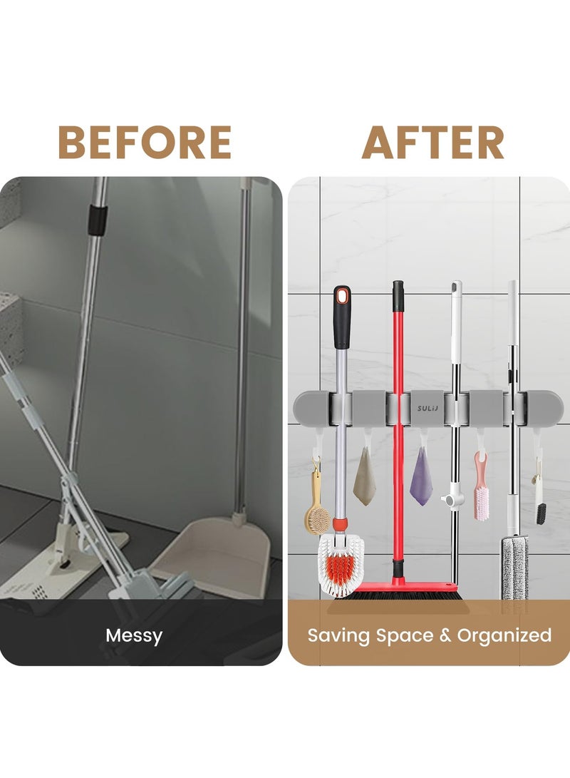 1PCS 5 راك و 6 مكنسة مكنسة حامل مع هوك مثبت على الحائط مكنسة تخزين رافعة لا حفر ذاتي اللصاق مكنسة منظم ممسحة حامل ممسحة للحمام مكتب المطبخ خزانة المرآب، رمادي - Image 5