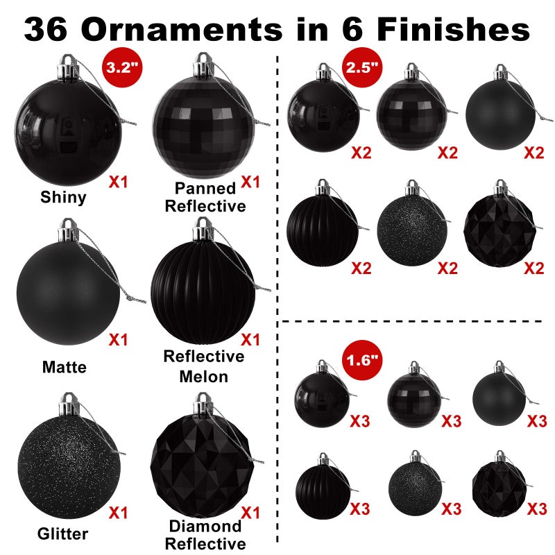 GameXcel Black Christmas Ornaments - Christmas Tree Decorations Balls Ornaments Shatterproof Hanging Shiny Balls for Christmas Wreath Garland Holiday Decor Set of 36pcs  Multi-Sizes(1.6"" 2.5"" 3.2"") - Image 2
