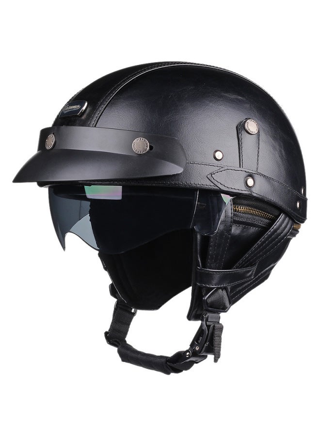 Black Retro Helmet Men's Large Size Calf Electric Motorcycle Helmet Women's Cruise Half Helmet Scoop Summer