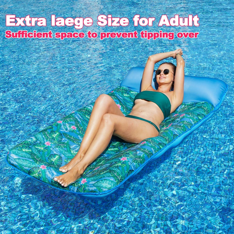 FindUWill Oversized Pool Floats- 72" X 37" Extra Large Fabric Covered Pool Float Raft for Adults, XL Inflatable Pool Floaties Lounger with Headrest Ultra-Comfort Cooling Floating Mat (Monstera Green) - Image 3