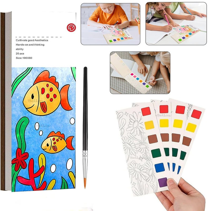 InfiSoul Pocket Watercolor Book for Kids Activity Coloring Books Watercolor Painting Books with 1 Paint Brush 20 Sheets Per Book Gift for Students Creativity (2) - Image 1