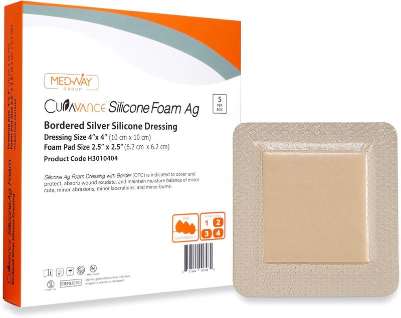 MedVance Bordered Silver Silicone Ag Sterile Absorbent Antibacterial Dressing, 4"x 4" (2.5"x 2.5" Pad), 5 dressings/Box, 5 Count (Pack of 1)