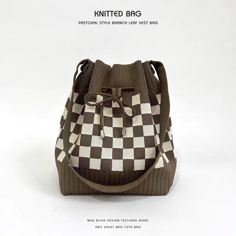 New Open Drawstring Rhombic Knitted Bucket Bag Large Capacity Handbag Retro All-Match Portable Shoulder Bag - Image 1