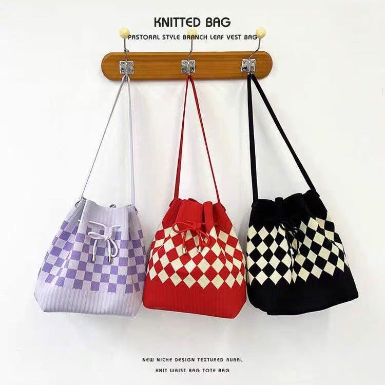 New Open Drawstring Rhombic Knitted Bucket Bag Large Capacity Handbag Retro All-Match Portable Shoulder Bag - Image 3