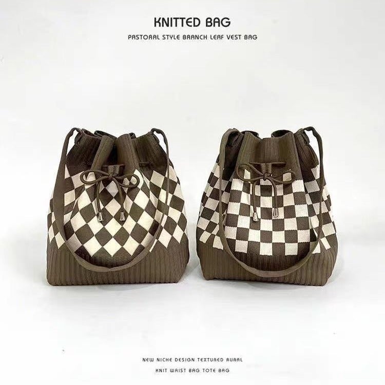 New Open Drawstring Rhombic Knitted Bucket Bag Large Capacity Handbag Retro All-Match Portable Shoulder Bag - Image 4
