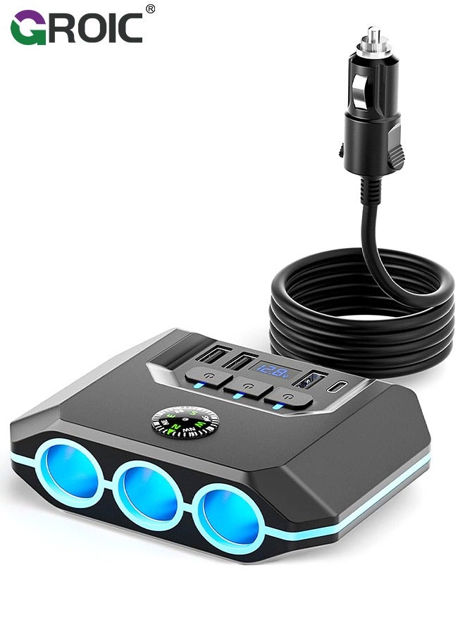 GROIC 7 in 1 Car Charger 3 Scoket 120W, BUVAYE Lighter Splitter Adapter 4 USB Ports with Separate Switch LED Voltage Display, 24V/12V Car Charger Plug for All Car Devices  - Image 1