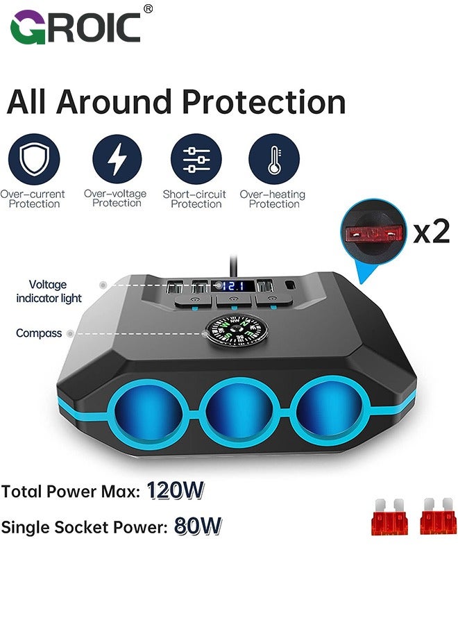 GROIC 7 in 1 Car Charger 3 Scoket 120W, BUVAYE Lighter Splitter Adapter 4 USB Ports with Separate Switch LED Voltage Display, 24V/12V Car Charger Plug for All Car Devices  - Image 2