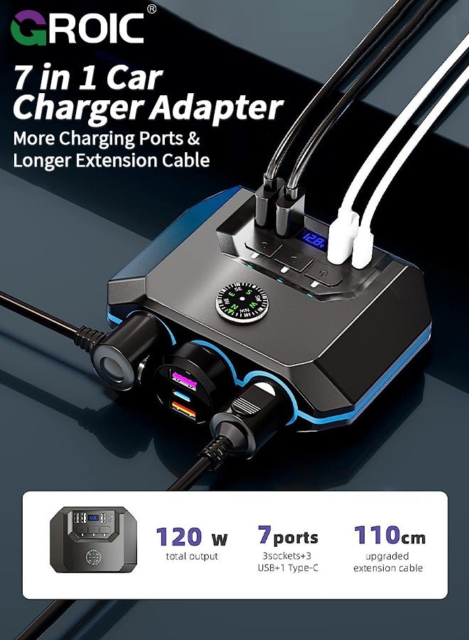 GROIC 7 in 1 Car Charger 3 Scoket 120W, BUVAYE Lighter Splitter Adapter 4 USB Ports with Separate Switch LED Voltage Display, 24V/12V Car Charger Plug for All Car Devices  - Image 5