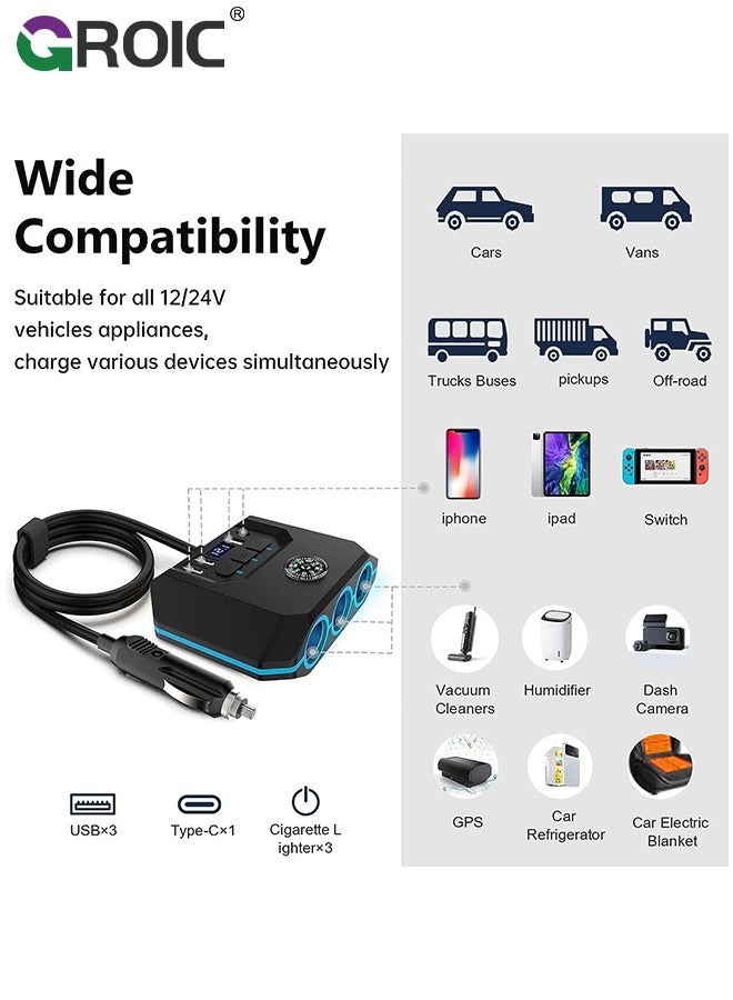 GROIC 7 in 1 Car Charger 3 Scoket 120W, BUVAYE Lighter Splitter Adapter 4 USB Ports with Separate Switch LED Voltage Display, 24V/12V Car Charger Plug for All Car Devices  - Image 3