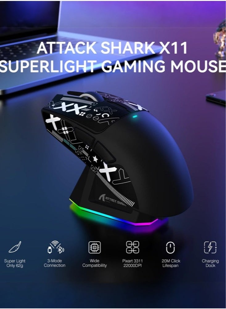 Attack Shark X11 Tri-mode Bluetooth Wireless Gaming Mouse with with Magnetic Charging Dock, Lightweight Anti Slip Mouse, PixArt PAW3311 Sensor, 22K DPI, BT/2.4Ghz/Wired, for PC/MAC  - Image 3