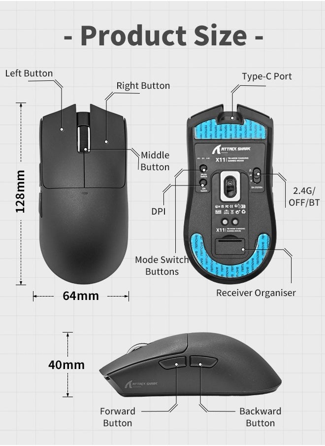 Attack Shark - X11 Tri-mode Bluetooth Wireless Gaming Mouse with with Magnetic Charging Dock, Lightweight Anti Slip Mouse, PixArt PAW3311 Sensor, 22K DPI, BT/2.4Ghz/Wired, for PC/MAC - Image 1