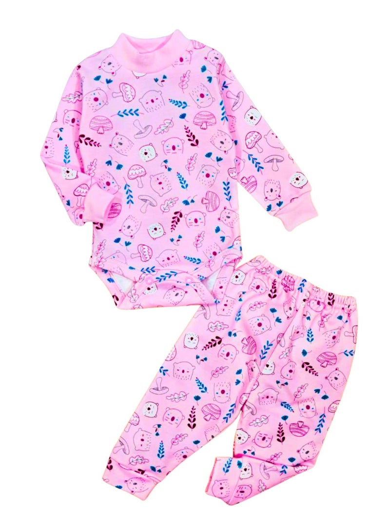 Rand Baby Winter Cotton Fleece Long Sleeve Bodysuit and Pants Pajama Set for Baby  - Image 1