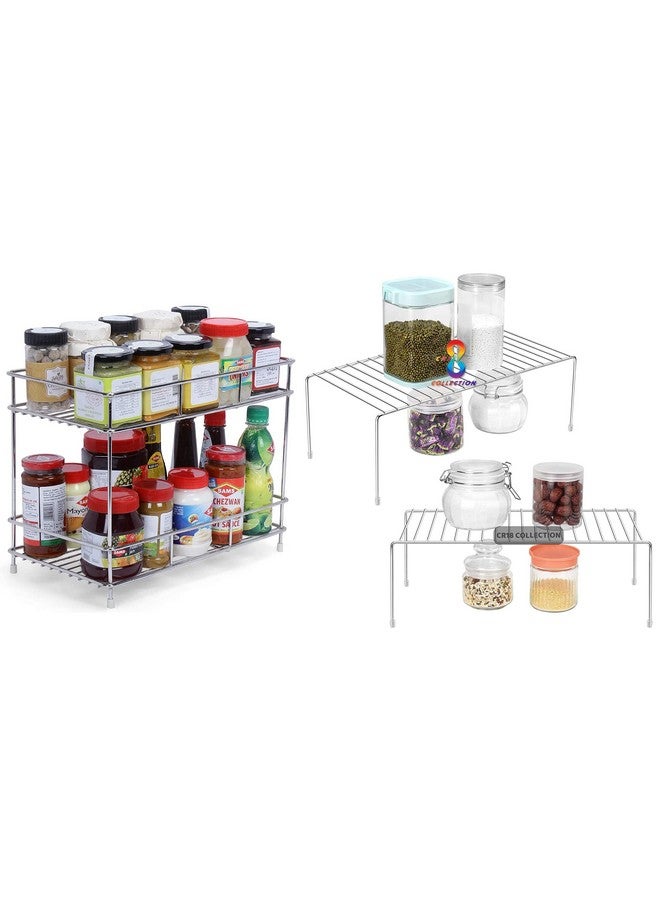 12For Collection Big Size 2 Layer Stainless Steel Spice Rack - Modular Storage Rack - 2Pcs Expandable Dish Rack Shelves for Kitchen Countertop, Step Shelf - Image 1