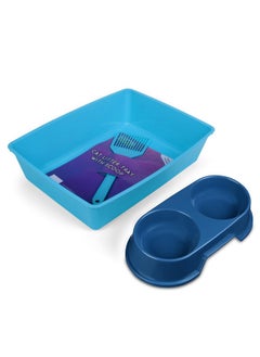 Comet Plastics Cat Litter Tray With Free Scoop And Dual Pet Bowl | Suitable For All Adult Cats & Kittens| Bpa Free | Cat Food Bowl -375Ml X 2 | Green | Tray-40Cm X 32Cm X 10Cm (Blue)  - Image 1