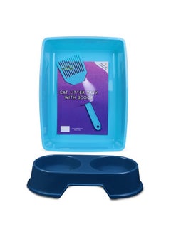 Comet Plastics Cat Litter Tray With Free Scoop And Dual Pet Bowl | Suitable For All Adult Cats & Kittens| Bpa Free | Cat Food Bowl -375Ml X 2 | Green | Tray-40Cm X 32Cm X 10Cm (Blue)  - Image 2