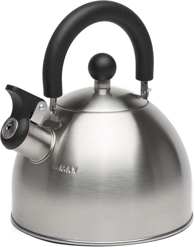 Primula Stewart Whistling Stovetop Tea Kettle Food Grade Stainless Steel, Hot Water Fast to Boil, Cool Touch Folding, 1.5-Quart, Brushed with Black Handle - Image 1