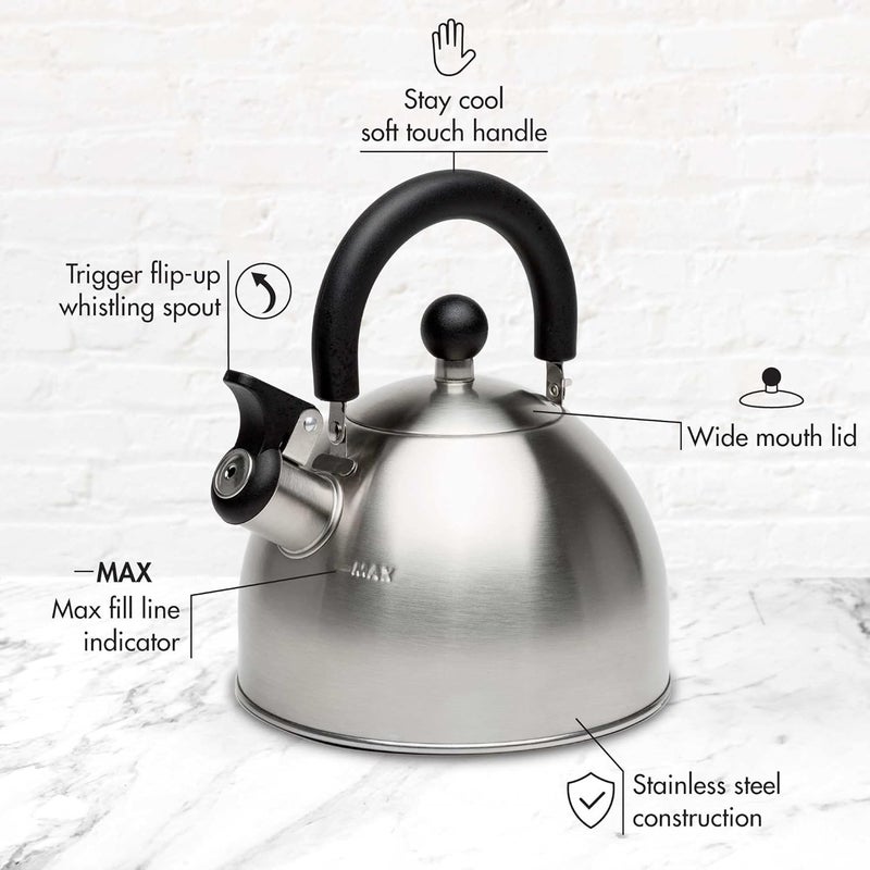 Primula Stewart Whistling Stovetop Tea Kettle Food Grade Stainless Steel, Hot Water Fast to Boil, Cool Touch Folding, 1.5-Quart, Brushed with Black Handle - Image 4