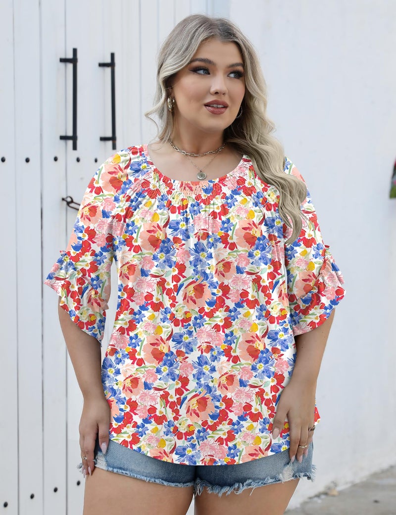 Micoson Womens Plus Size Tops 3/4 Ruffle Sleeve Office Shirts for Women Dressy Summer Spring Tops Loose Fitting Blouse - Image 5