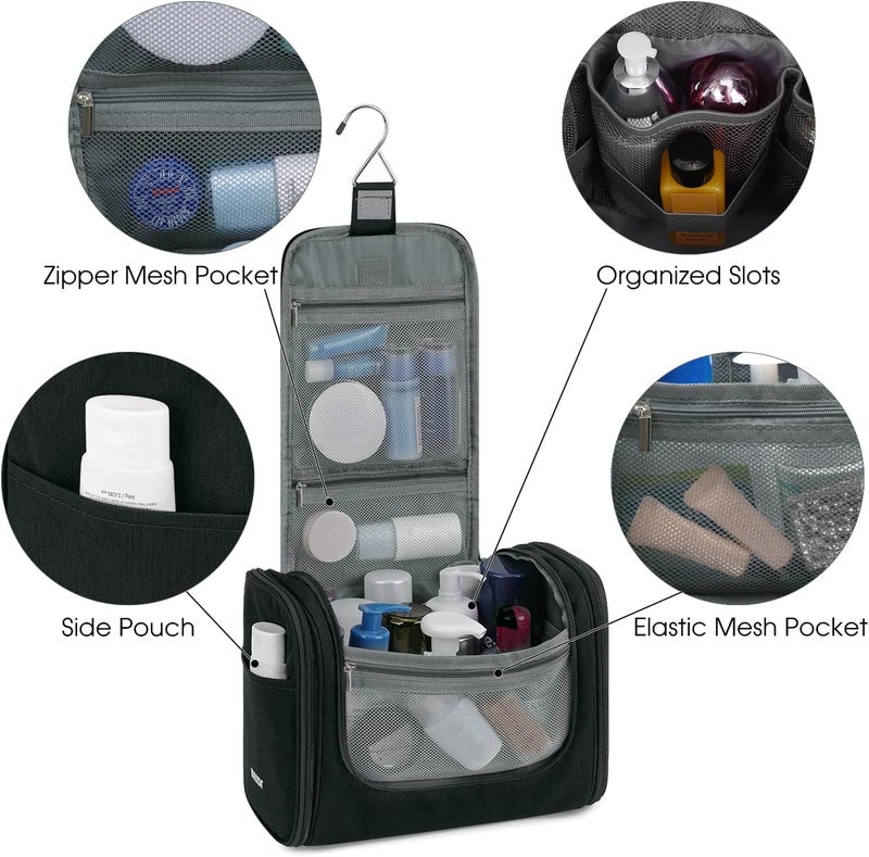 WANDF Large Hanging Toiletry Bag Travel Cosmetic Makeup Organizer Water-Resistant Shower Bathroom Bag for Women and Men (Black) - Image 2