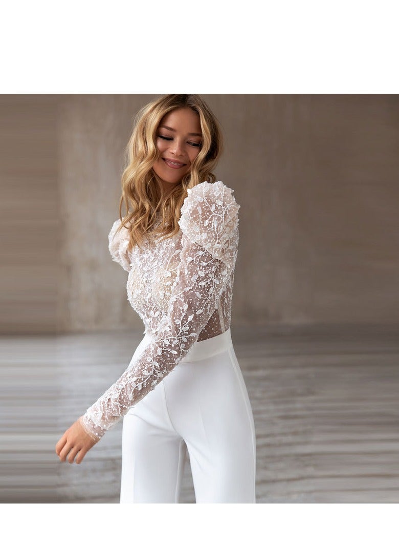 Women's Lace Details Sleeves Texture Knitted Wide Leg jumpsuit  - Image 5